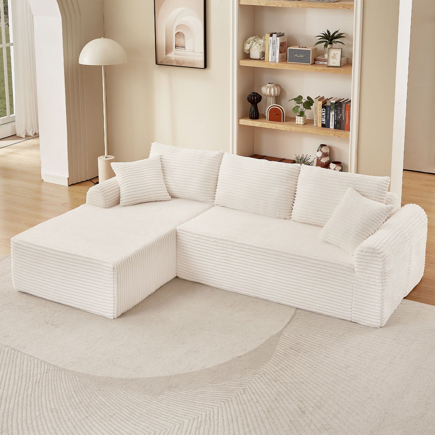 Full Compression Chaise Lounge Set Modular Corduroy Sectional With Arched Armrests Non Slip Base Includes 3 Back Cushions & 2 Throw Pillows - White