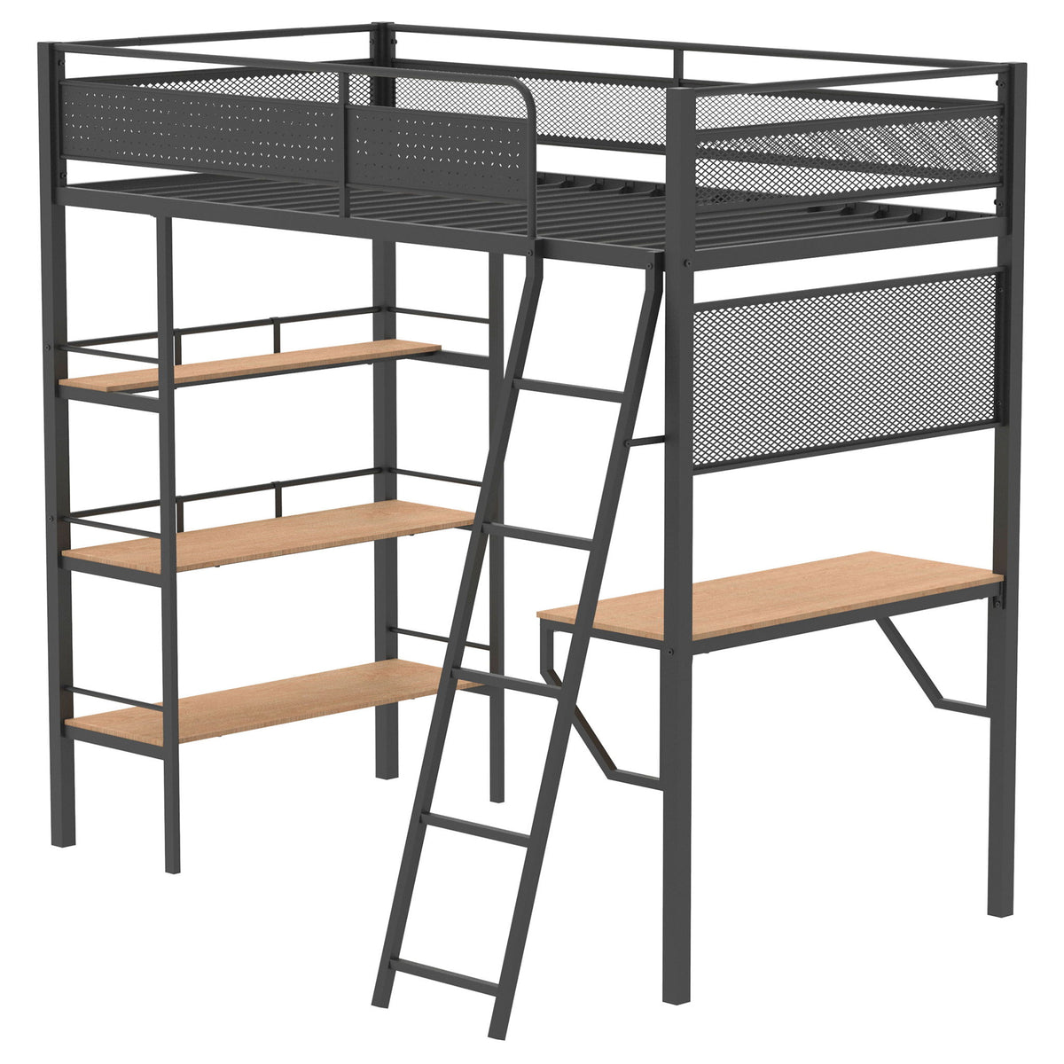 William - 3 Shelf Workstation Loft Bed With Built-In Desk And Storage
