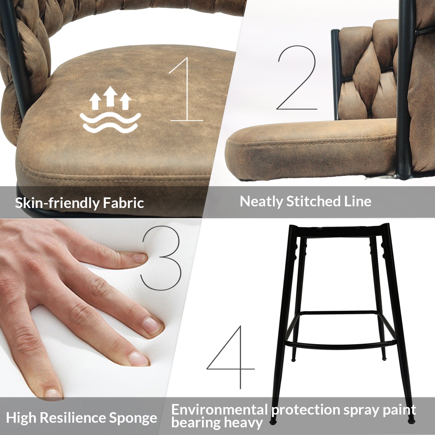 Drakothar - Set of 4 - 28" Brown Woven Technical Leather Swivel Bar Stools with Black Metal Legs, Upholstered Seat, Backrest, and Footrest