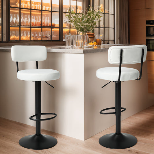 Lanver - Set of 2 - 29" White Velvet Adjustable Bar Stools with Curved High Backrest, Swivel Design for Kitchen or Home