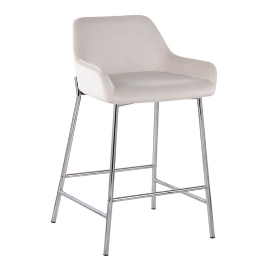 Lorvis - Set of 2 - 26" White Velvet & Chrome Counter Stools with Padded Backrest