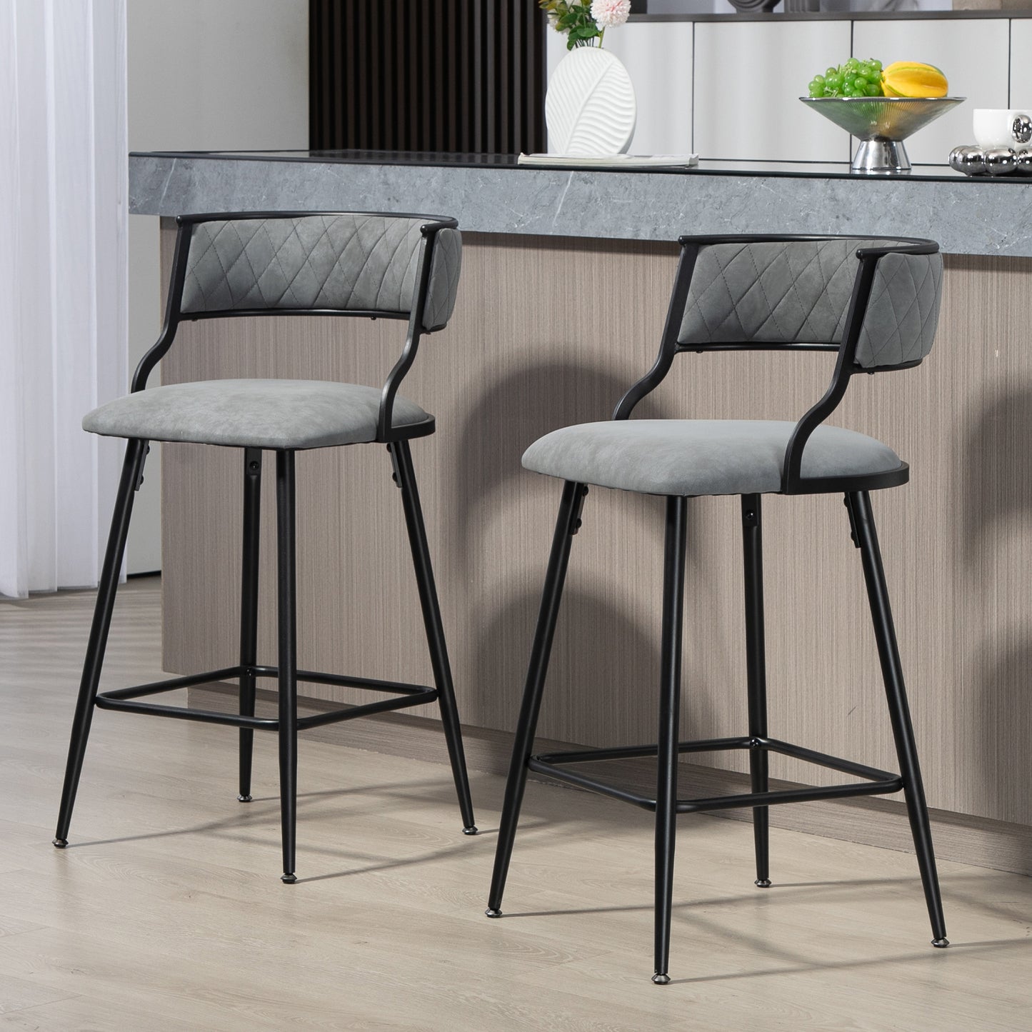 Minavelle - Set of 2 - 24" Fixed-Height Grey PU Counter Stools with Black Powder-Coated Base and Footrest