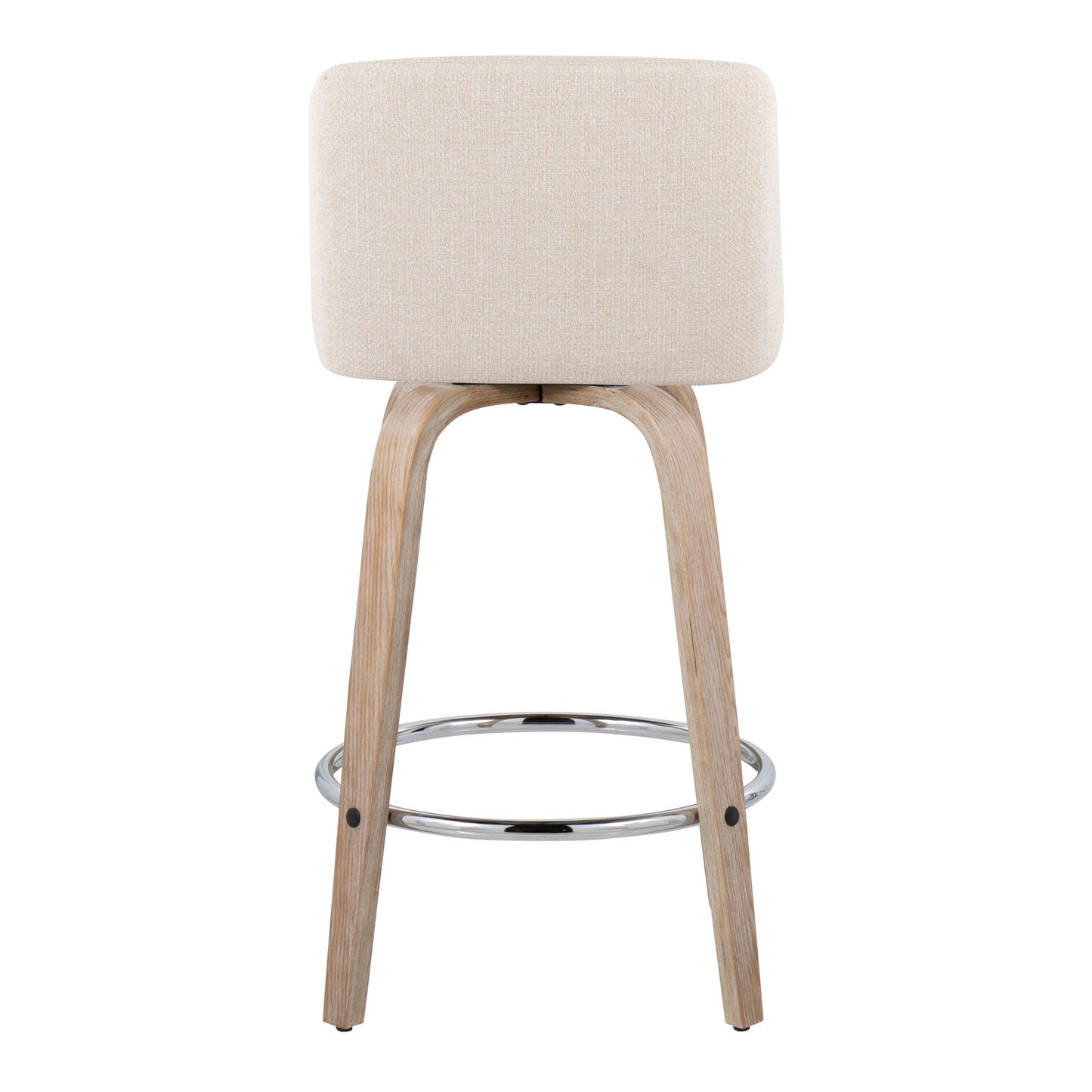 Tynor - Set of 2 - 24"Whitewashed Wood Fixed-Height Swivel Counter Stools with Cushioned Cream Upholstery and Chrome Footrest