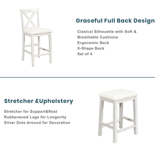 Valencia - Set of 2 - Rustic White Farmhouse Dining Bar Stools, 18" Seat Height