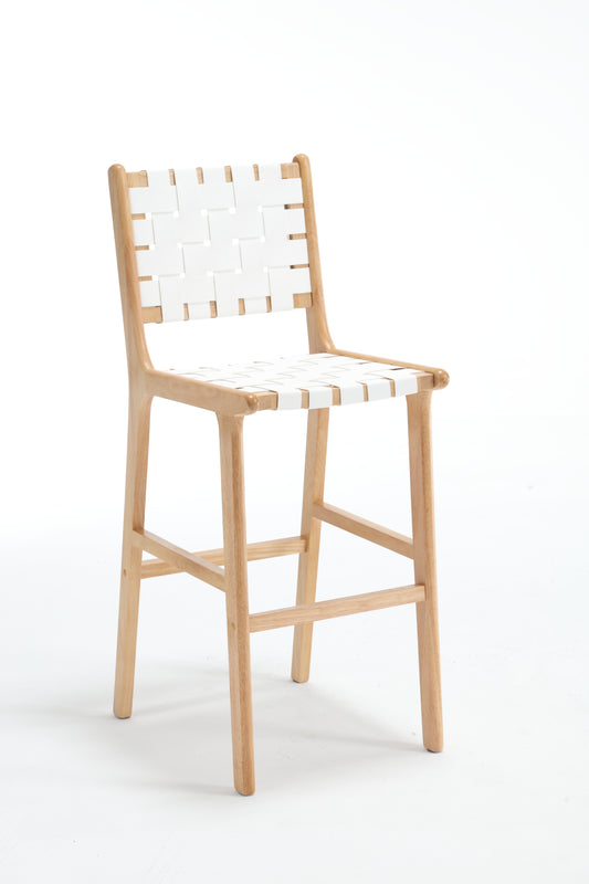Hrdell - Set of 2 - 30" White Woven Saddle Leather Bar Stools with Solid Wood Legs