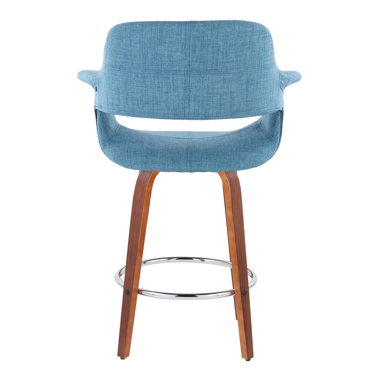 Luan - Set of 2 - 26" Blue Fabric Mid-Century Modern Counter Stools with Walnut Wood and Chrome Footrest