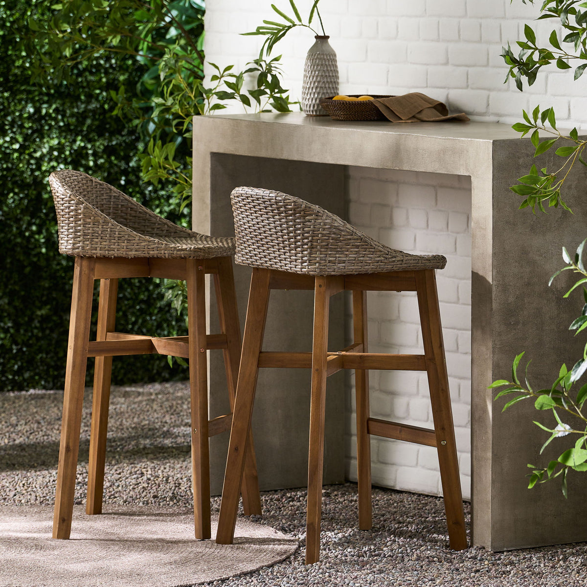 Beeson - Outdoor Wicker And Acacia Wood Barstools Set, Water Resistant - Brown