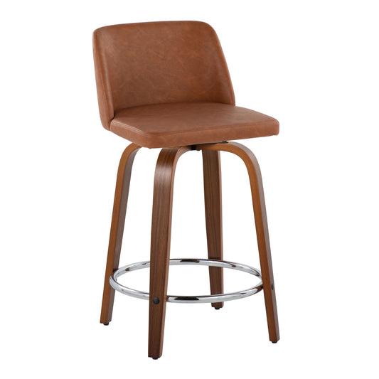 Torin - Set of 2 - 24" Mid-Century Modern Fixed-Height Swivel Counter Stools in Walnut Wood & Camel Faux Leather with Chrome Metal Footrest