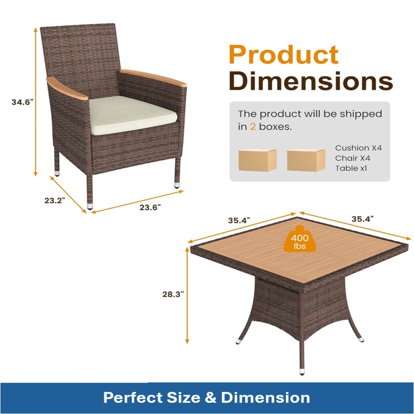5 Piece All Weather Patio Dining Set With Table - Brown