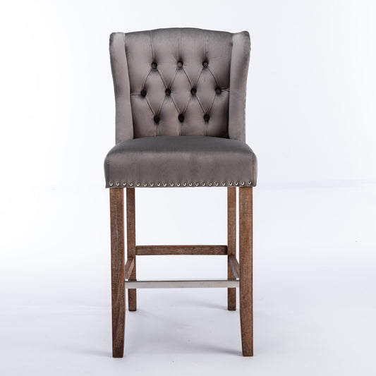 Elowyn - Set of 2 - 27" Grey Velvet Counter Height Bar Stools, Seat Height, Tufted Wingback Breakfast Chairs with Nailhead Trim and Wood Legs