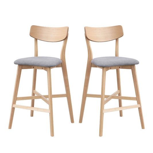 infinia - Set of 2 - 21" Oak Wooden Bar Chairs with Backrest and Upholstered Seats for Kitchen Island