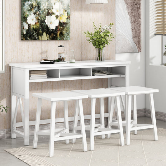 Tirion - 4-Piece Farmhouse Counter Height 60" Dining Table Set with 3 Stools for Small Spaces, White