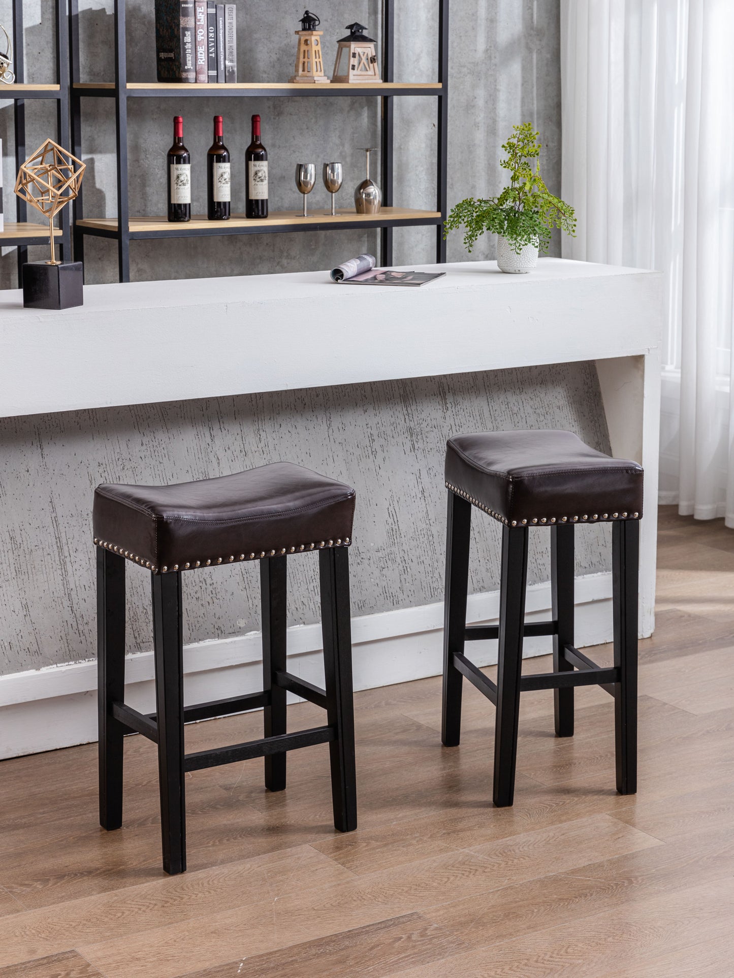 Bradshaw - Set of 2 - 28" Brown Backless Faux Leather Counter Stools with Farmhouse Design and Solid Wood Legs