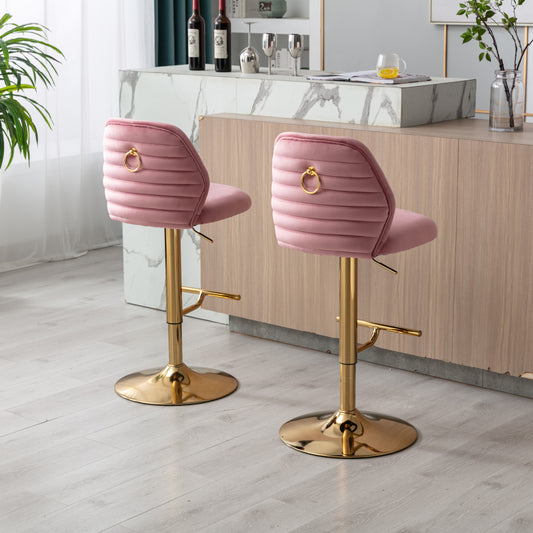 Lure Set of 2- 24"–32" Height Pink Velvet Swivel Counter Stools with Tufted Back & Golden Chrome Base