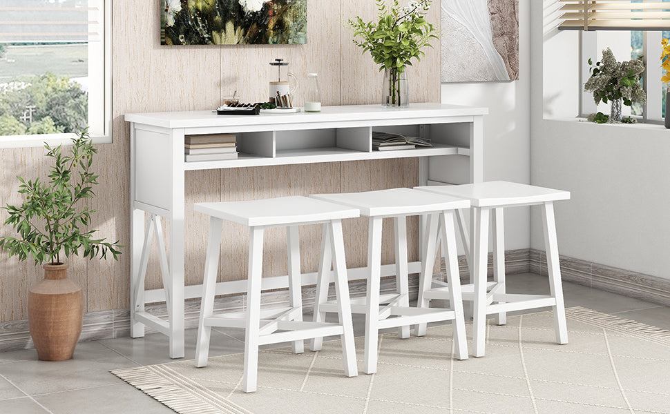 Tirion - 4-Piece Farmhouse Counter Height 60" Dining Table Set with 3 Stools for Small Spaces, White