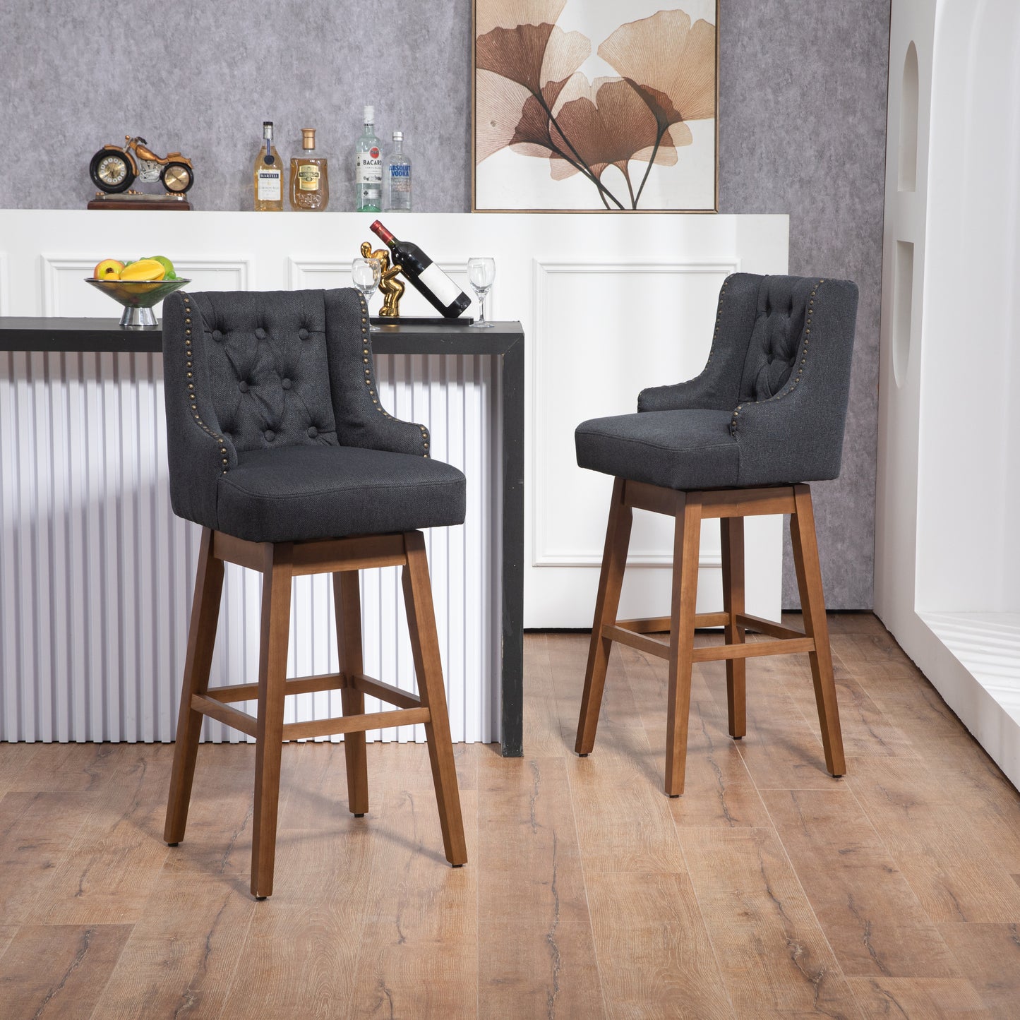 Helvion - Set of 2 - 29.92" Black Linen Swivel Counter Height Bar Stools with Solid Wood Legs and High Back