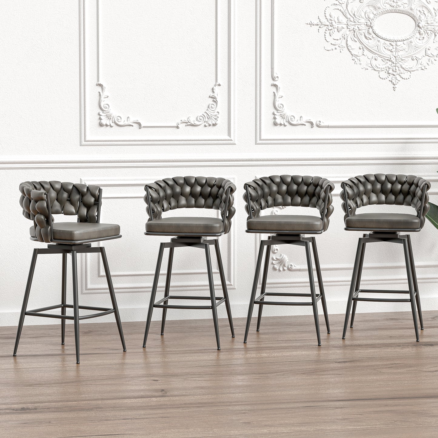 Gatsby - Set of 4 - 28" Tan Woven Leather Bar Stools with 360° Swivel Upholstered Counter Chairs, Back, and Black Metal Legs