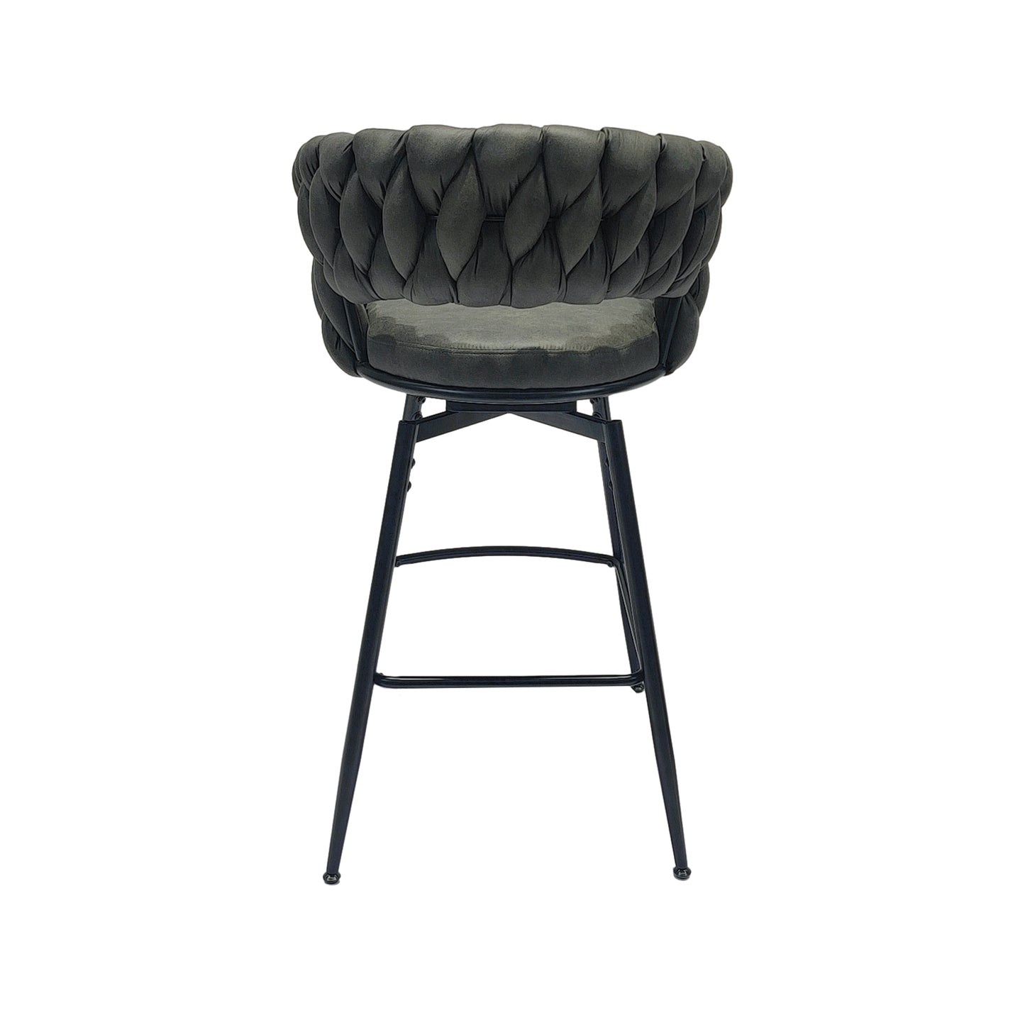 Gatsby - Set of 4 - 28" Tan Woven Leather Bar Stools with 360° Swivel Upholstered Counter Chairs, Back, and Black Metal Legs