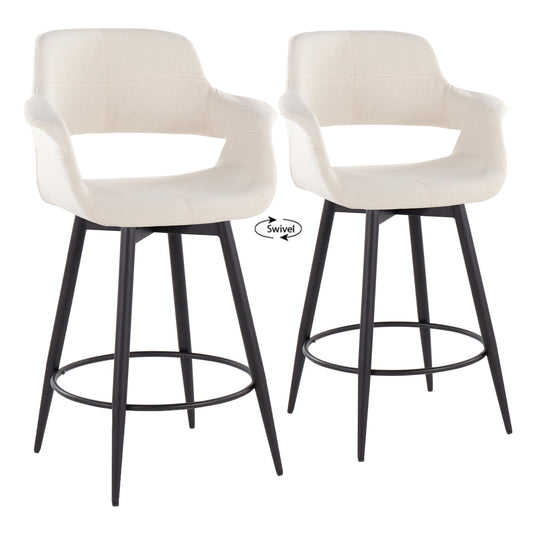 Henfryn  Set of 2 - 26" Cream Fabric Mid-Century Counter Stools with Swivel & Matte Black Metal Base