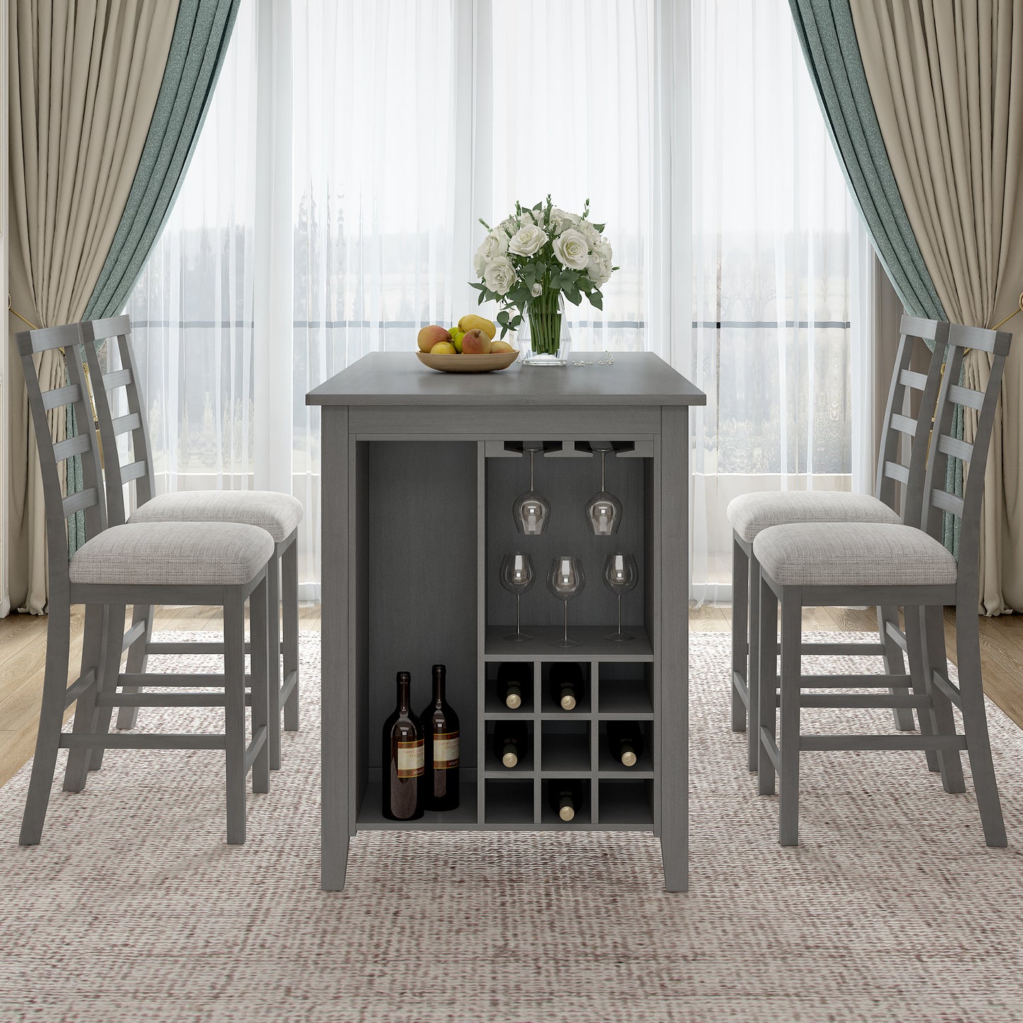 Tymorath - Set of 5 - 26" Gray Counter Height Dining Set with Solid Wood Table, Padded Chairs, Integrated Wine Storage, and Glass Holders - 35.4" Height