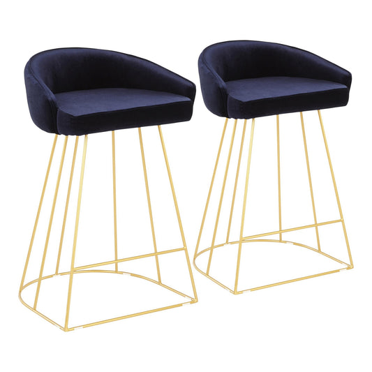 Aventis - Set of 2 - 26" Blue Velvet Counter Stools with Gold Frame