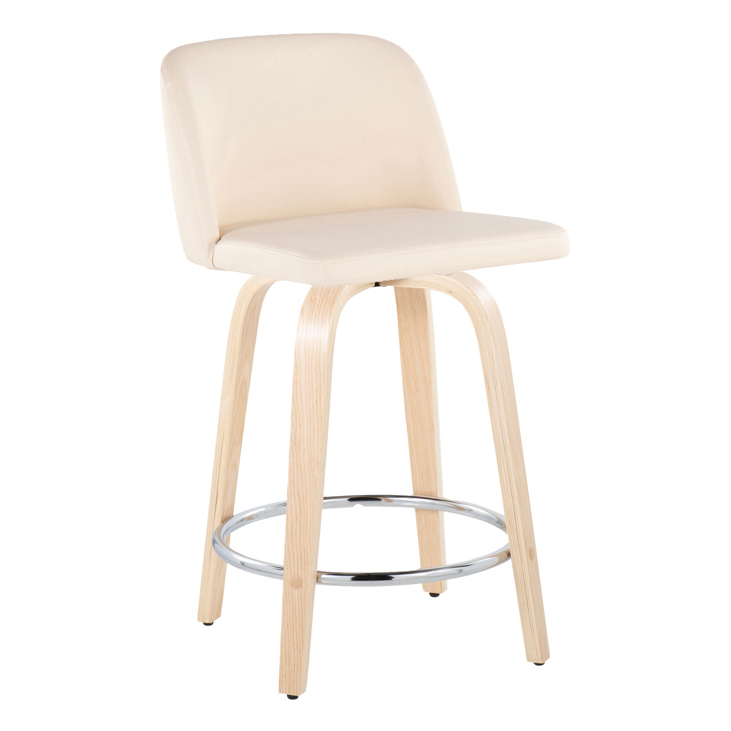 Torian  - Set of 2 - 24" Wood Swivel Counter Stools with Cream Faux Leather Upholstery and Chrome Metal Footrest