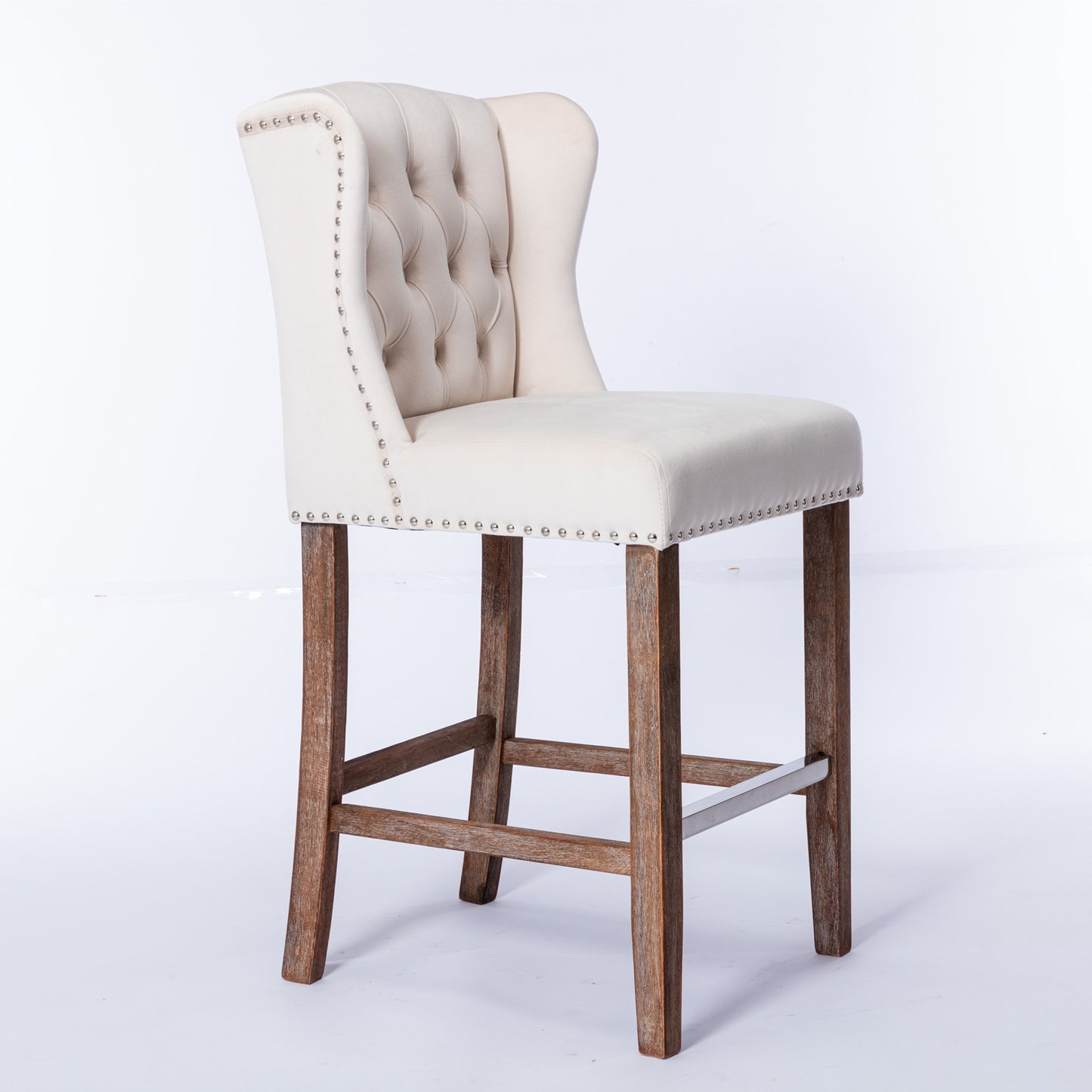 Vyrellr - Set of 2 - 27" Wingback Counter Height Bar Stools with Beige Velvet Upholstered Seat, Tufted Backrest, Nailhead Trim, and Wood Legs