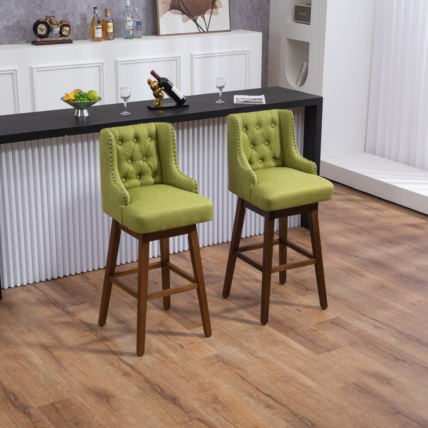 Esmée - Set of 2 - 30" Olive Linen Counter Height Bar Stools with 360° Swivel and Solid Wood Legs, Footrest for Kitchen or Dining Room