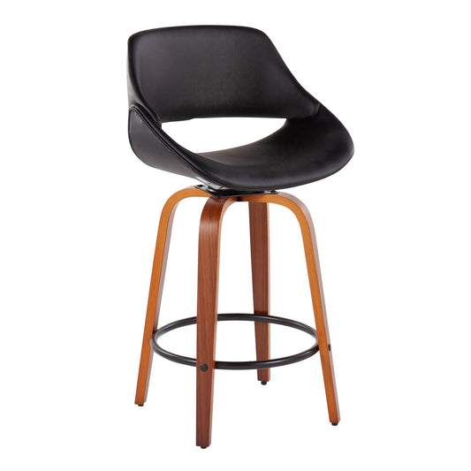 Aurevo - Set of 2 - 24" Walnut Wood Counter Stools with Black Faux Leather Seat and Swivel Mid-Century Modern Design