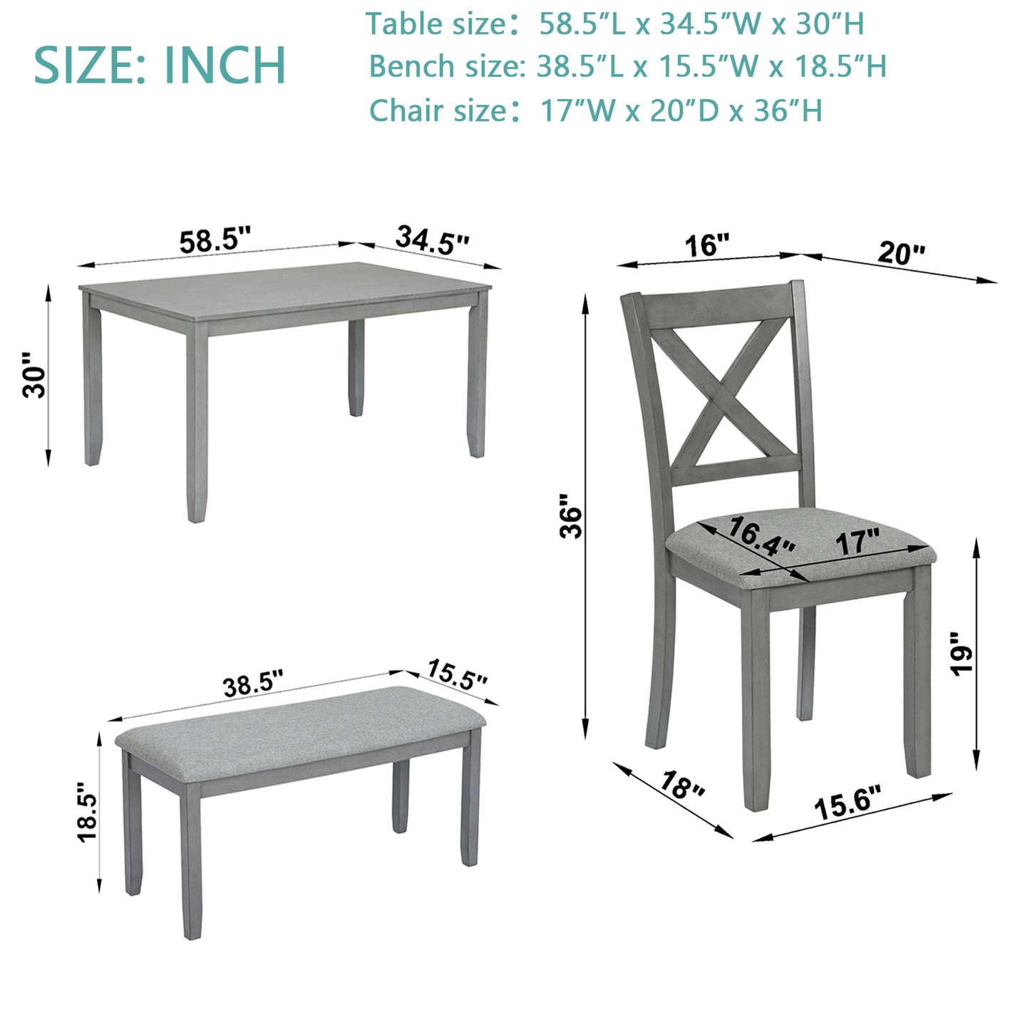 Glenn - Set of 6 - 25” Kitchen Dining Set with Rectangular Acacia Wood Table, 4 Upholstered Chairs & Bench - Seats 6