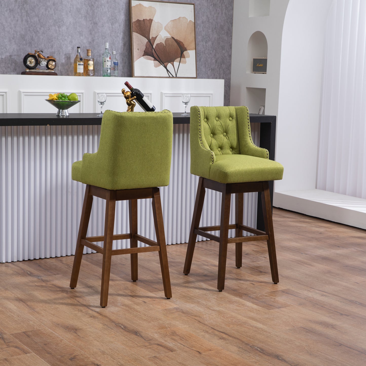 Esmée - Set of 2 - 30" Olive Linen Counter Height Bar Stools with 360° Swivel and Solid Wood Legs, Footrest for Kitchen or Dining Room