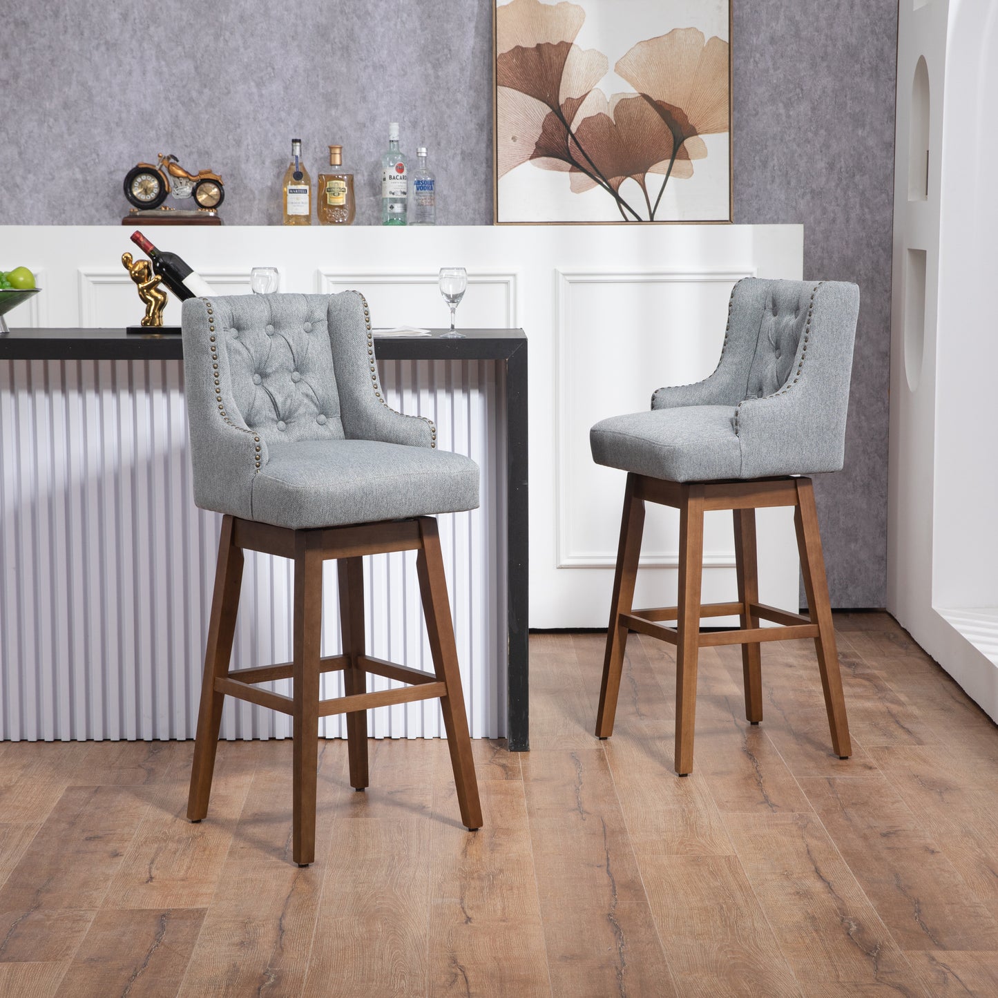 Eric - Set of 2 - 30" Gray Linen Swivel Bar Stools with Button-Tufted Backrest, Solid Wood Legs, Seat Height