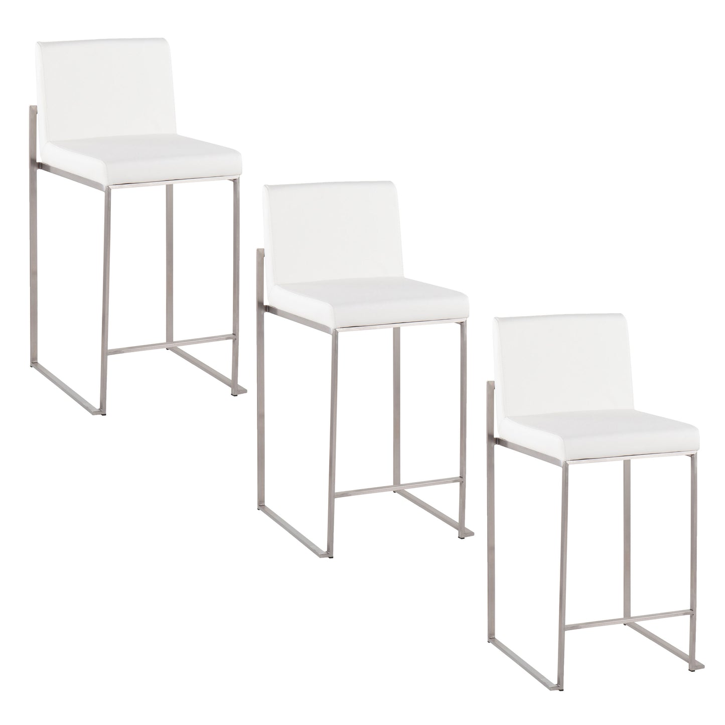 Lyriana - Set of 3 - 24" White Faux Leather High Back Counter Stools with Stainless Steel Frame