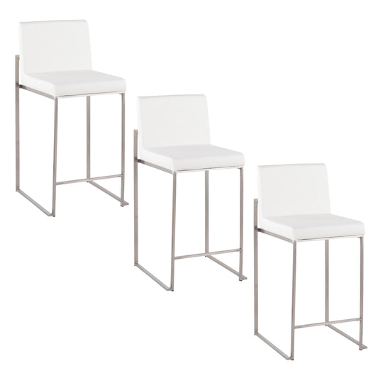 Lyriana - Set of 3 - 24" White Faux Leather High Back Counter Stools with Stainless Steel Frame