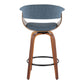 Leoranan - Set of 2 - 26" Walnut Wood Counter Stools with Blue Fabric, Black Metal Footrest, Mid-Century Modern Swivel Design