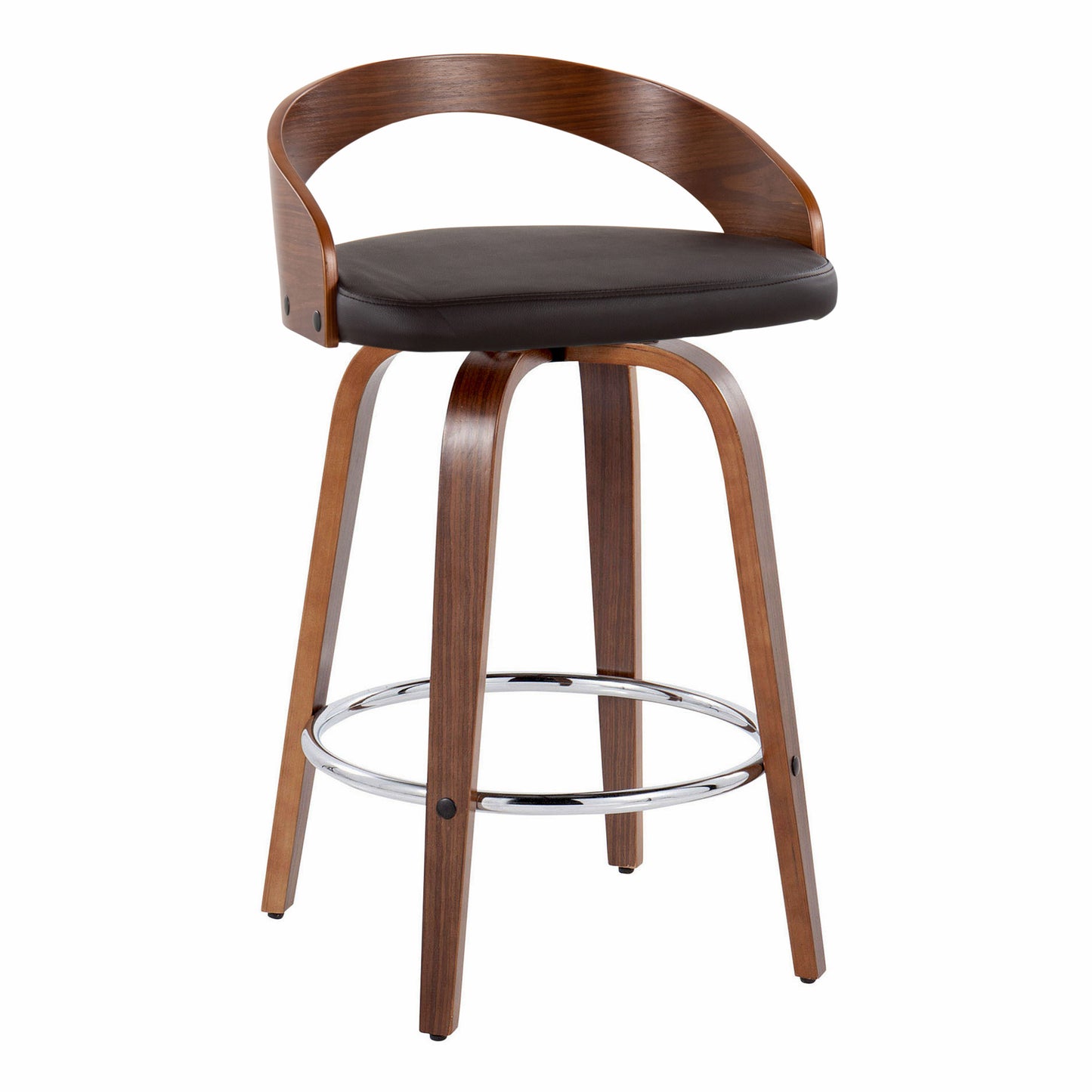 Glynnis - Set of 2 -21"  Walnut Wood & Brown Faux Leather Swivel Counter Stools with Chrome Footrest