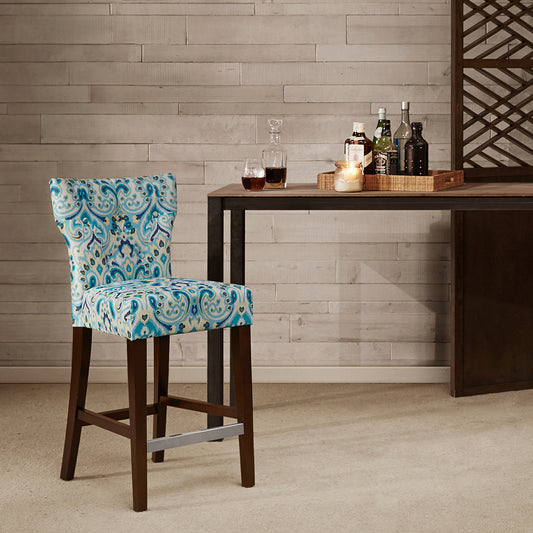 Marivelle - Set of 2 - 26" Fixed-Height Counter Stool with Luxurious Blue Tufted Fabric, Solid Wood Frame, and High Back Design