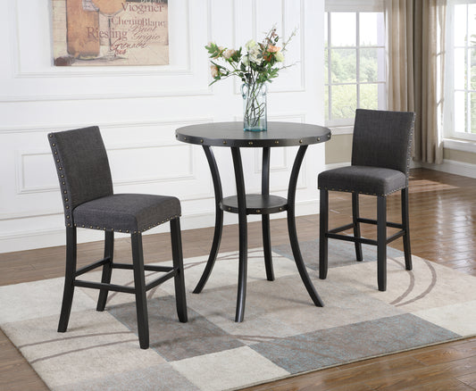 Platrix - Set of 2 - 24" Round Espresso Finish Bar Table with 2 Gray Fabric Nail Head Pub Chairs, Bar Height Dining Set