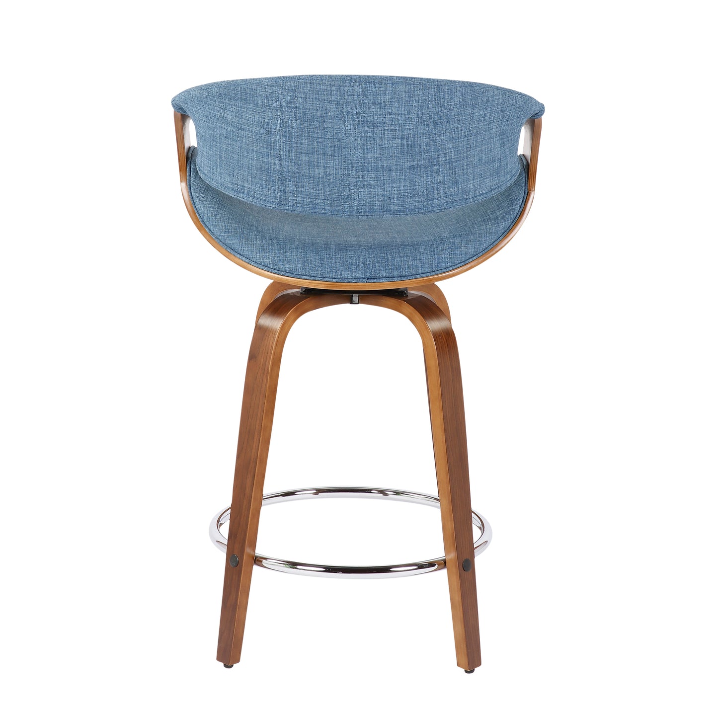 Curvini - Set of 2 - 26" Walnut Wood & Blue Fabric Mid-Century Counter Stools with Swivel & Armrests