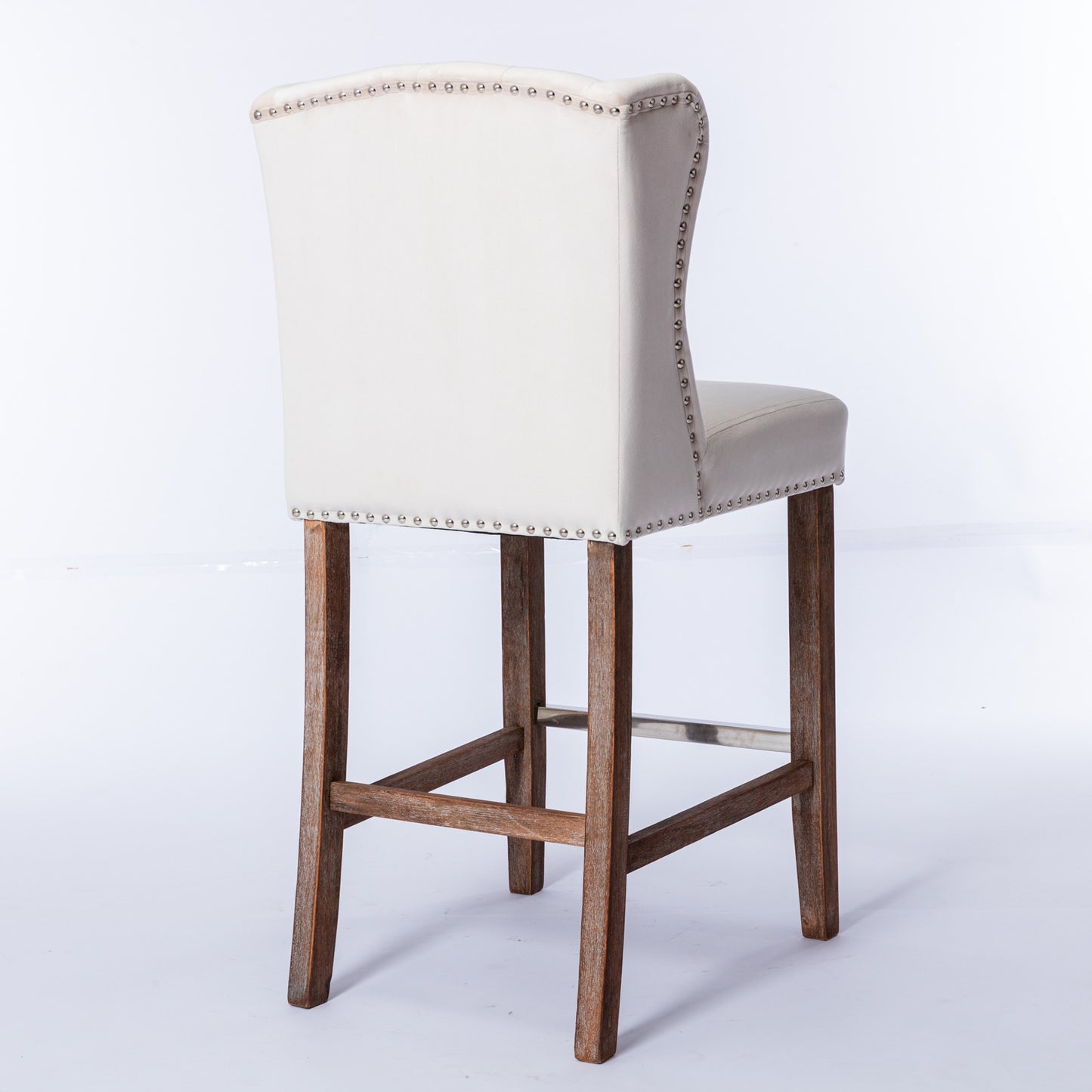 Vyrellr - Set of 2 - 27" Wingback Counter Height Bar Stools with Beige Velvet Upholstered Seat, Tufted Backrest, Nailhead Trim, and Wood Legs