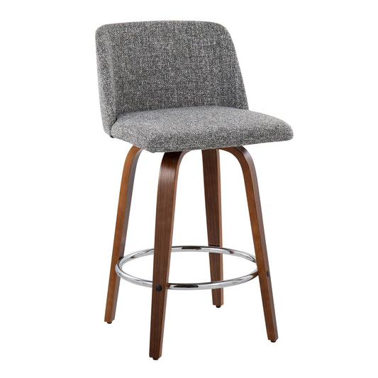 Venitha - Set of 2 - 24" Walnut Wood Counter Stools with Chrome Footrest and Grey Upholstery