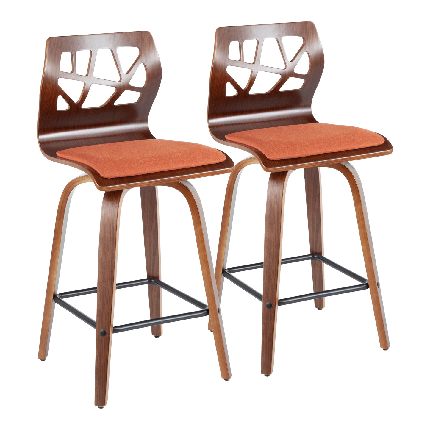 Fontaine - Set of 2 - 26" Mid-Century Modern Swivel Counter Stools in Walnut with Orange Fabric and Black Footrest