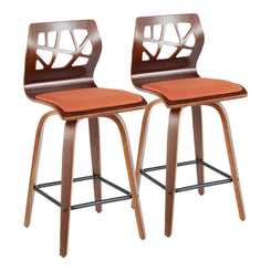 Fontaine - Set of 2 - 26" Mid-Century Modern Swivel Counter Stools in Walnut with Orange Fabric and Black Footrest