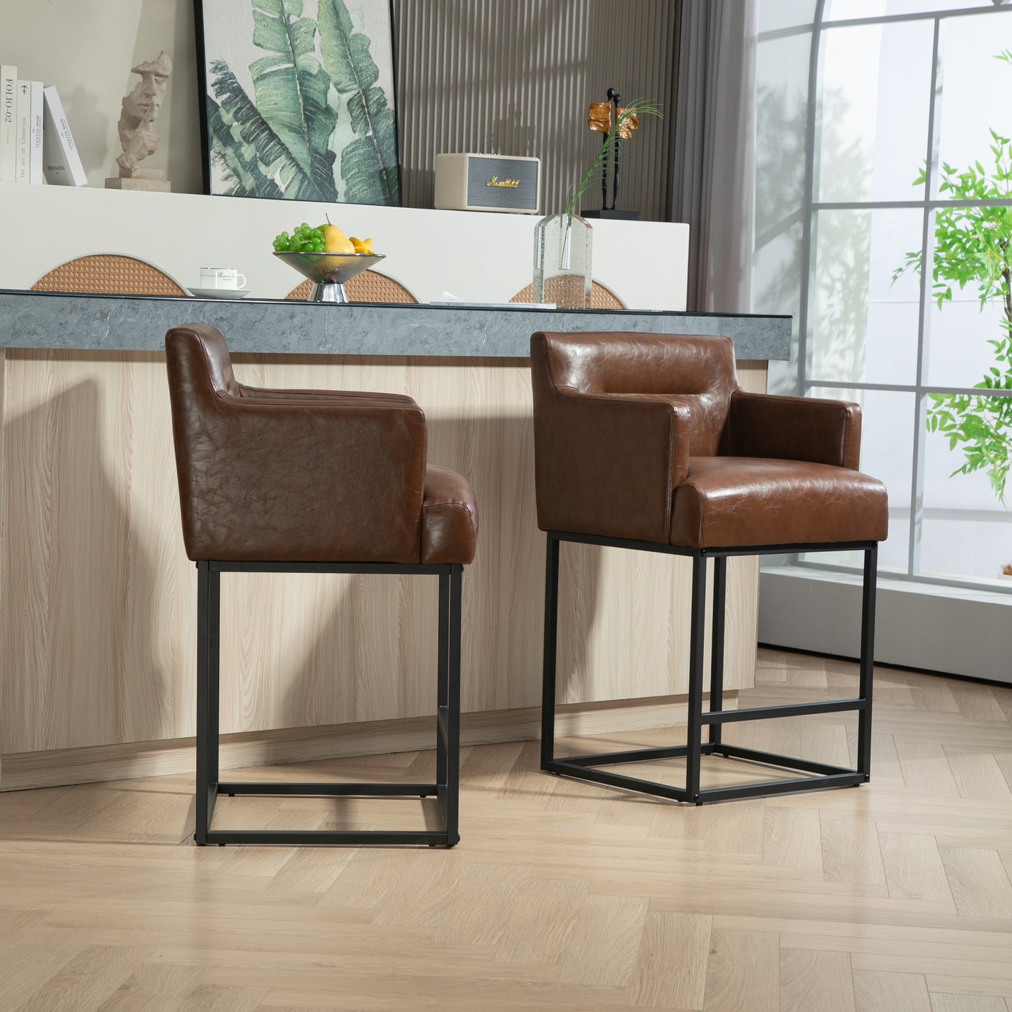 Vespores - Set of 2 - 26" Counter Height Bar Stools with Modern Square Back, Brown PU Upholstery, Black Metal Frame for Kitchen Island, Pub, or Club