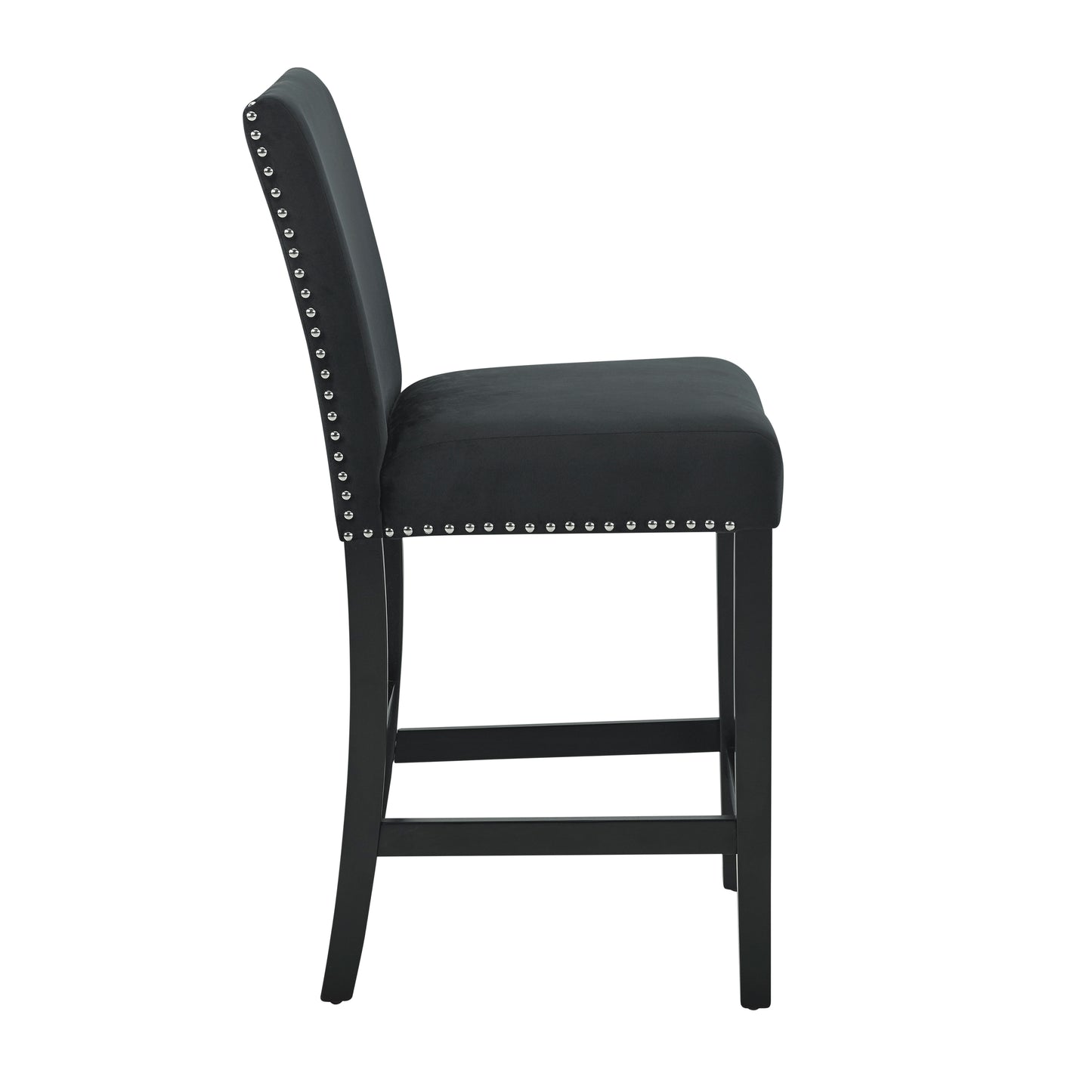 Saffi - Set of 2 - 24" Black Velvet Counter Stools with Nailhead Trim and Espresso Wood Legs