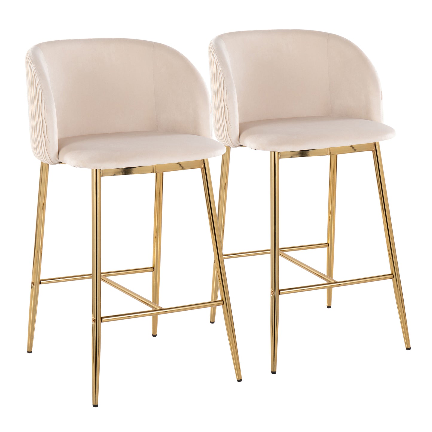 Fran - Set of 2 - 24" Contemporary Counter Stools in White Velvet with Black Metal Frame Fixed-Height Modern Pleated Wave Design