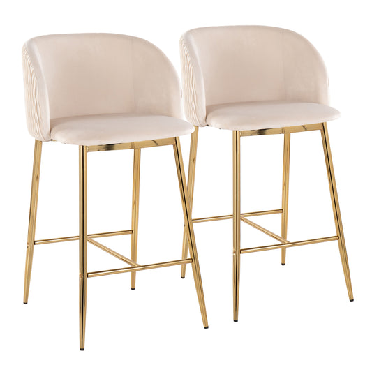 Fran - Set of 2 - 24" Contemporary Counter Stools in White Velvet with Black Metal Frame Fixed-Height Modern Pleated Wave Design