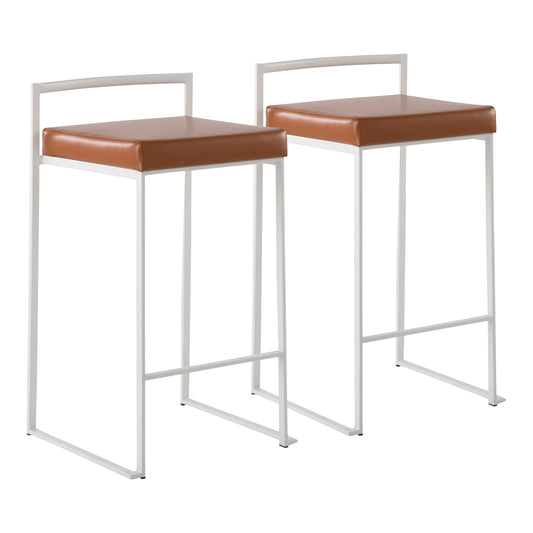 Monarel - Set of 2 - White Stackable Counter Stools with Camel Faux Leather Cushions