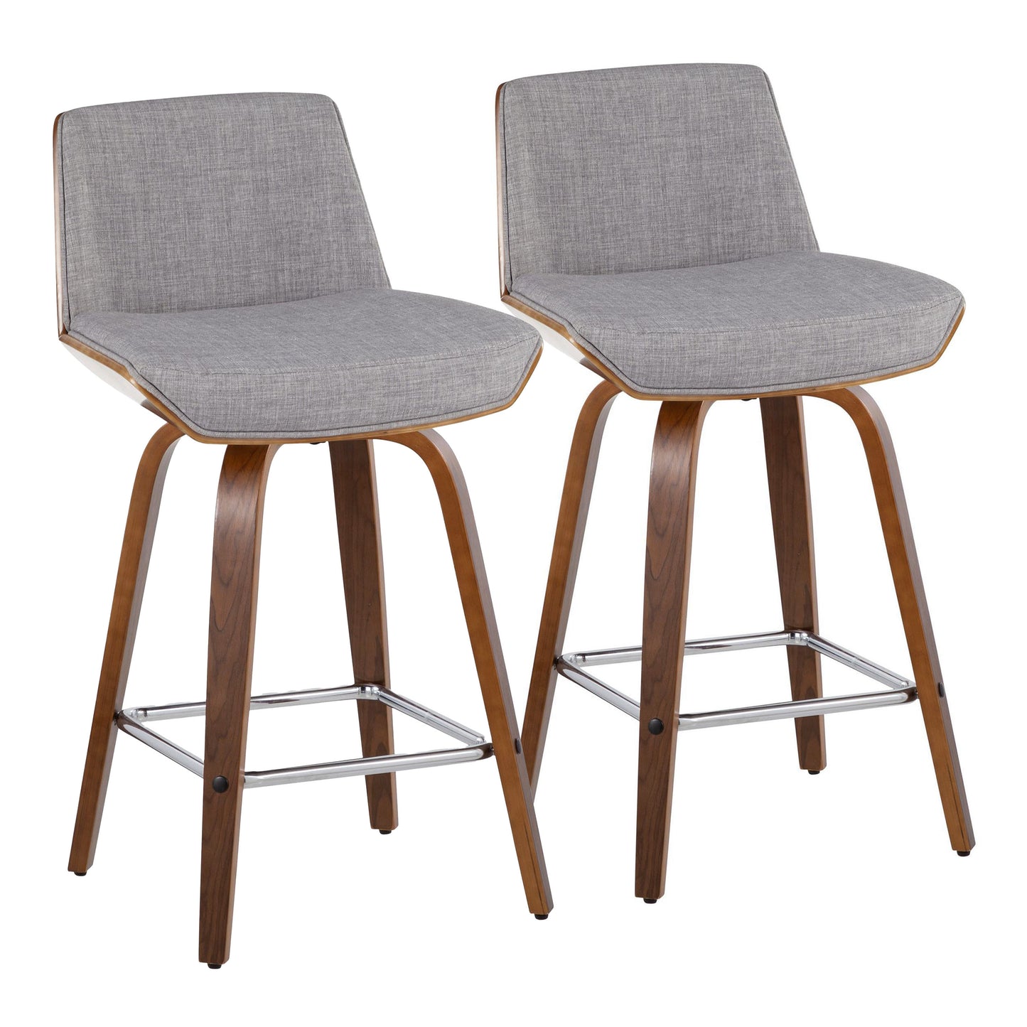 Lennox - Set of 2 - 26" Mid-Century Modern Swivel Counter Stools with Walnut Wood, Light Grey Fabric, and Chrome Footrest