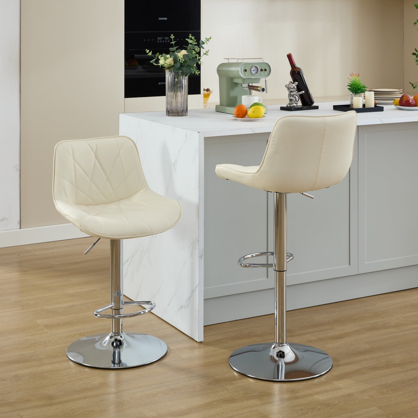 Shira - Set of 2 - 25-33" Cream PU Leather Adjustable Swivel Bar Stools with Back, Chrome Base, and Ergonomic Design for Kitchen Island or Bar